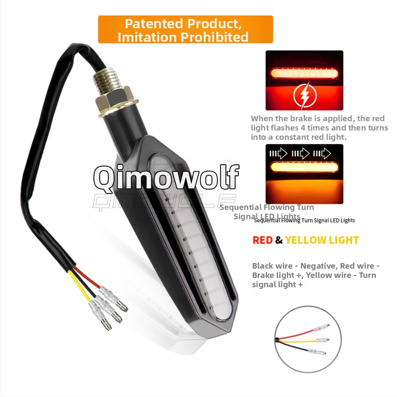 LED motociklo galinė lemputė su integruota posūkio signalu, stabdžių šviesa ir dienos šviesa (DRL), 12V DC, LED 0,2W, tarnavimo laikas 30 000 h, modeliai Y-A05-W, Y-A05-R, Y-A05-Y