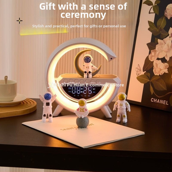 Be laidinio įkrovimo Bluetooth garsiakalbis su žadintuvu ir atmosferos stalo lempute (Belaidžio įkrovimo; Bluetooth audio; Žadintuvas; Atmosferos apšvietimas; Naktinė lemputė)