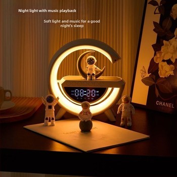 Be laidinio įkrovimo Bluetooth garsiakalbis su žadintuvu ir atmosferos stalo lempute (Belaidžio įkrovimo; Bluetooth audio; Žadintuvas; Atmosferos apšvietimas; Naktinė lemputė)
