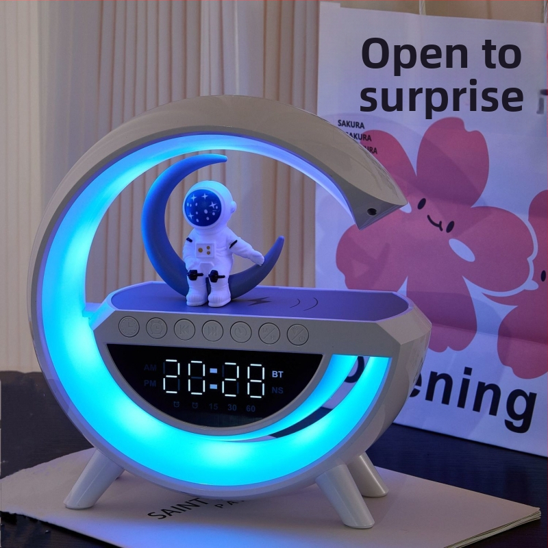 Be laidinio įkrovimo Bluetooth garsiakalbis su žadintuvu ir atmosferos stalo lempute (Belaidžio įkrovimo; Bluetooth audio; Žadintuvas; Atmosferos apšvietimas; Naktinė lemputė)