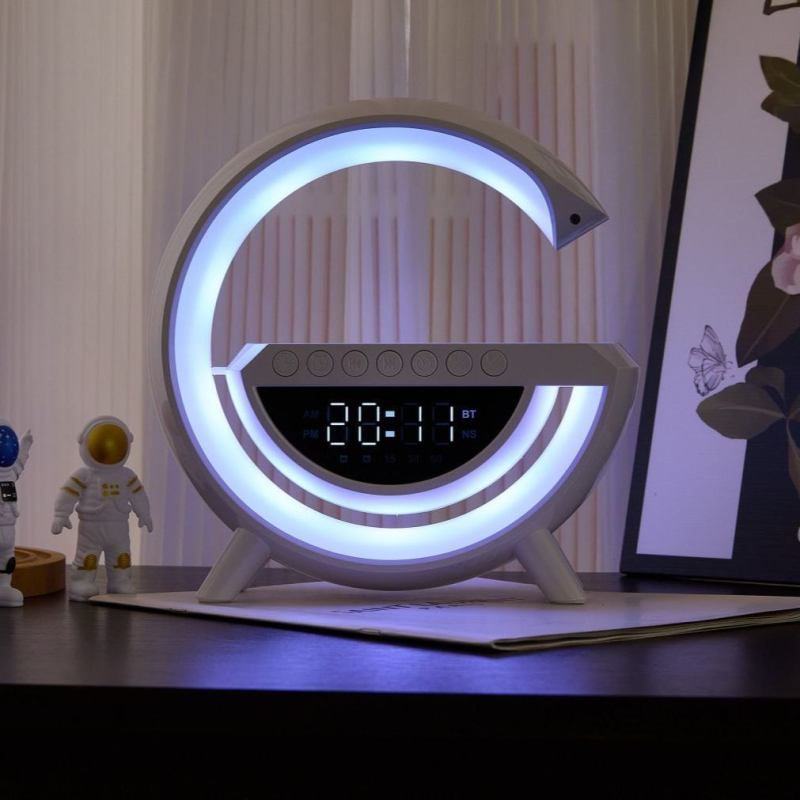 Be laidinio įkrovimo Bluetooth garsiakalbis su žadintuvu ir atmosferos stalo lempute (Belaidžio įkrovimo; Bluetooth audio; Žadintuvas; Atmosferos apšvietimas; Naktinė lemputė)