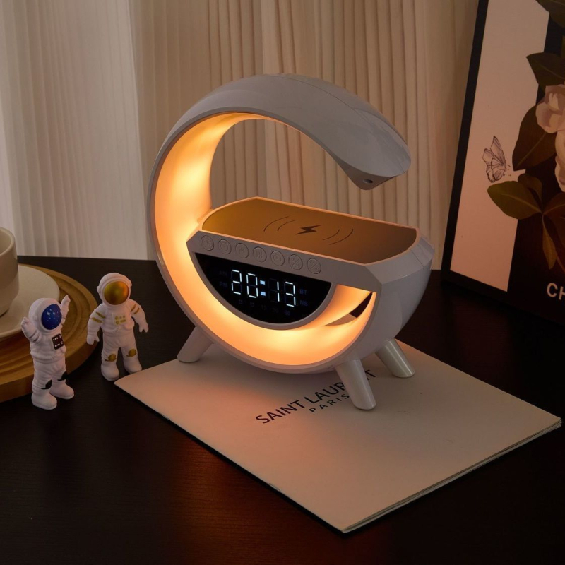 Be laidinio įkrovimo Bluetooth garsiakalbis su žadintuvu ir atmosferos stalo lempute (Belaidžio įkrovimo; Bluetooth audio; Žadintuvas; Atmosferos apšvietimas; Naktinė lemputė)