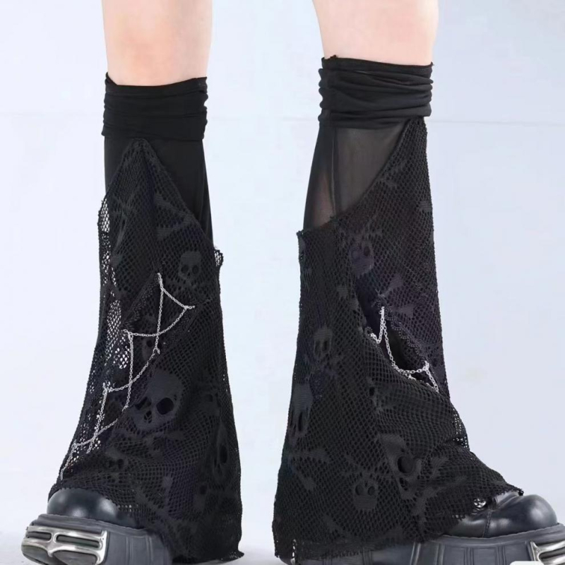 Încălzitoare pentru gambe până la genunchi cu imprimeu craniu, amestec de bumbac respirabil, unisex stil street/hip-hop