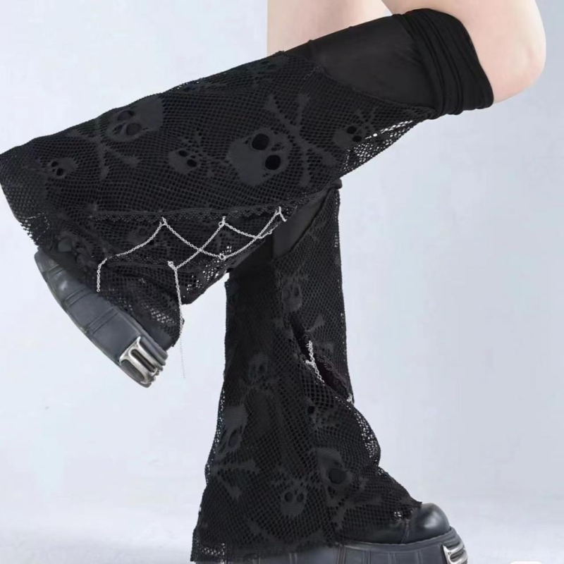 Încălzitoare pentru gambe până la genunchi cu imprimeu craniu, amestec de bumbac respirabil, unisex stil street/hip-hop