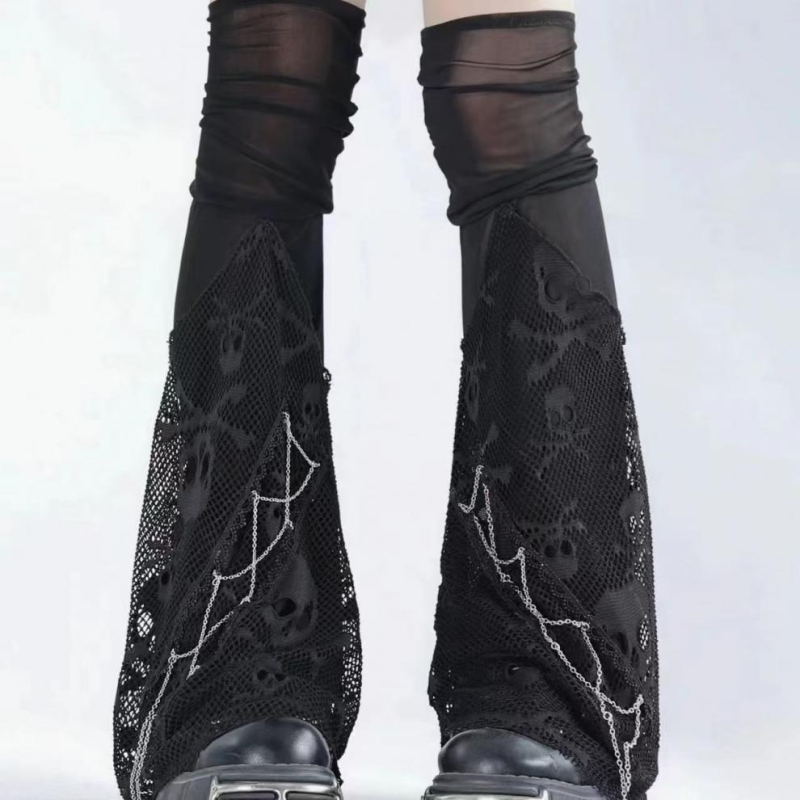 Încălzitoare pentru gambe până la genunchi cu imprimeu craniu, amestec de bumbac respirabil, unisex stil street/hip-hop