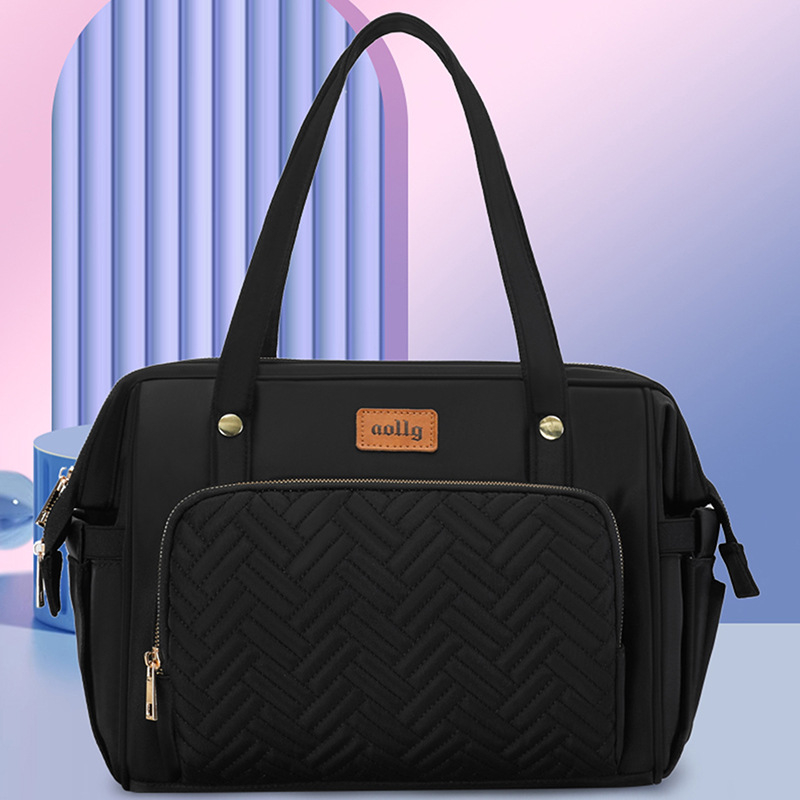 Geantă pentru mamă și bebeluș cu capacitate mare, izolație termică, multifuncțională, curea de umăr; exterior din nailon, model în carouri, căptușită cu poliester