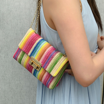 Geantă crossbody din paie, cu închidere lacăt, în stil urban minimalist, formă pătrată orizontală, căptușeală din poliester, cu o curea de umăr