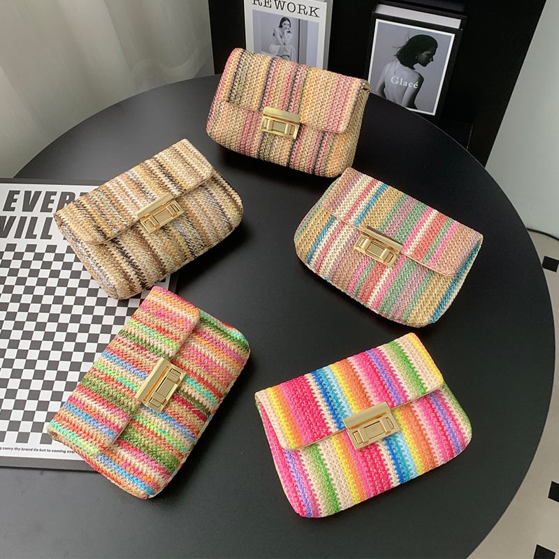 Geantă crossbody din paie, cu închidere lacăt, în stil urban minimalist, formă pătrată orizontală, căptușeală din poliester, cu o curea de umăr