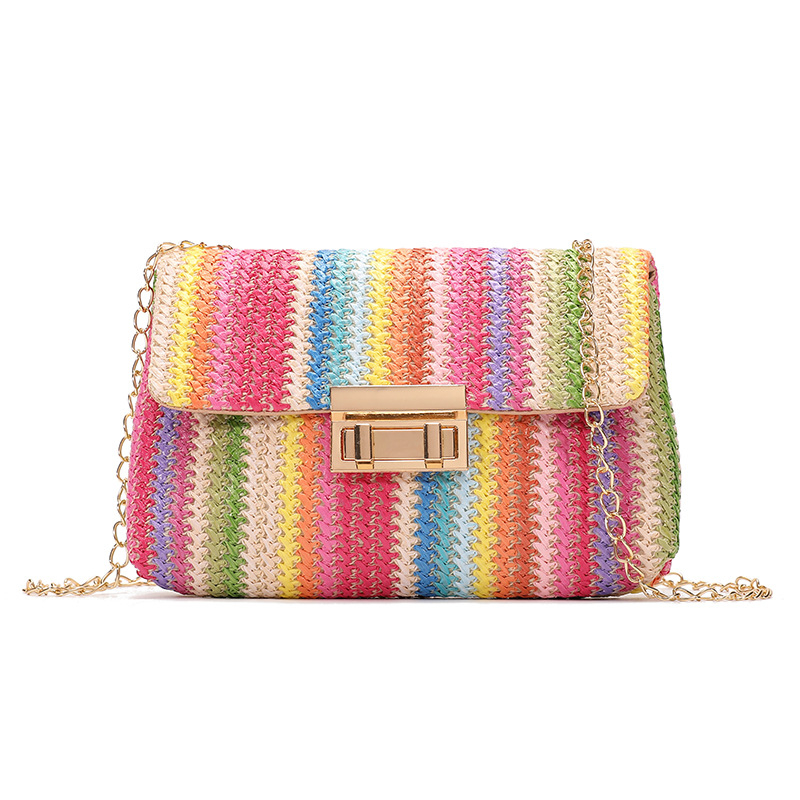 Geantă crossbody din paie, cu închidere lacăt, în stil urban minimalist, formă pătrată orizontală, căptușeală din poliester, cu o curea de umăr