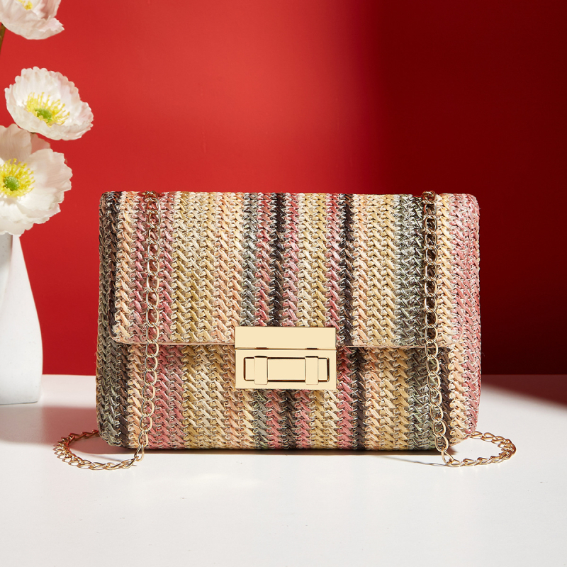 Geantă crossbody din paie, cu închidere lacăt, în stil urban minimalist, formă pătrată orizontală, căptușeală din poliester, cu o curea de umăr