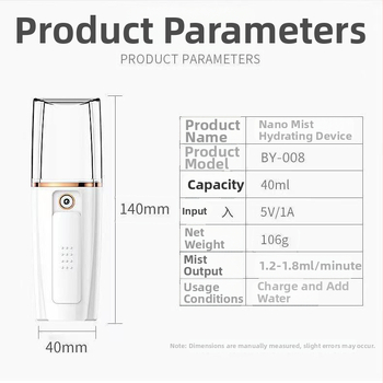 Prístroj na hydratáciu tváre s hmlou, prenosný nabíjateľný kozmetický prístroj, Model 008, studený postrek, až 10 sekúnd
