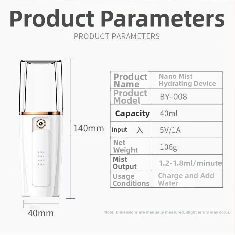 Prístroj na hydratáciu tváre s hmlou, prenosný nabíjateľný kozmetický prístroj, Model 008, studený postrek, až 10 sekúnd