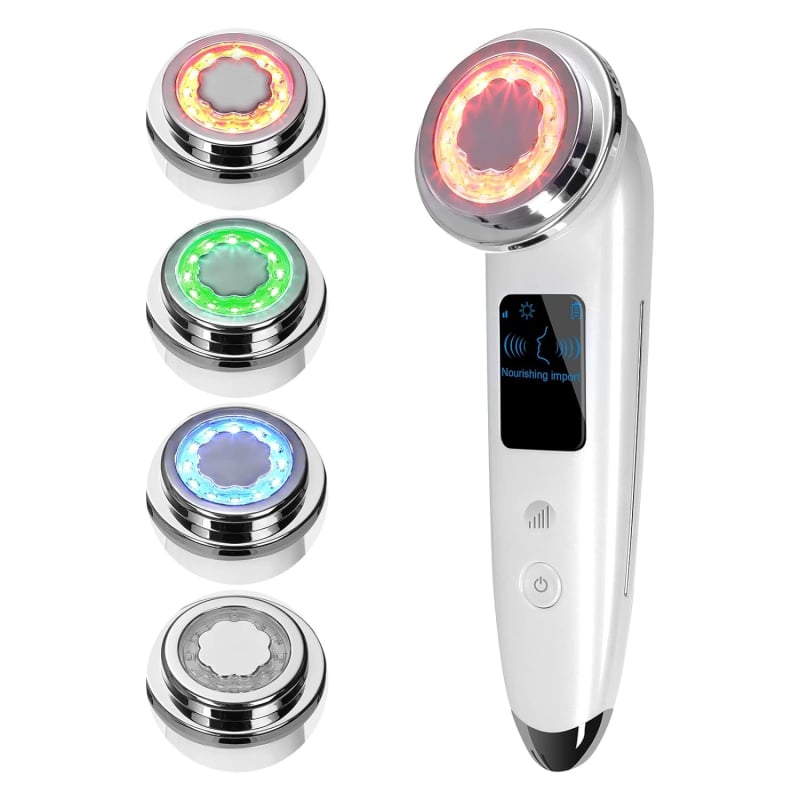 Dispozitiv de înfrumusețare cu rejuvenare prin fotoni, lifting cu microcurent, terapie cu lumină colorată și curățare a porilor; baterie încorporată 500–800 mAh