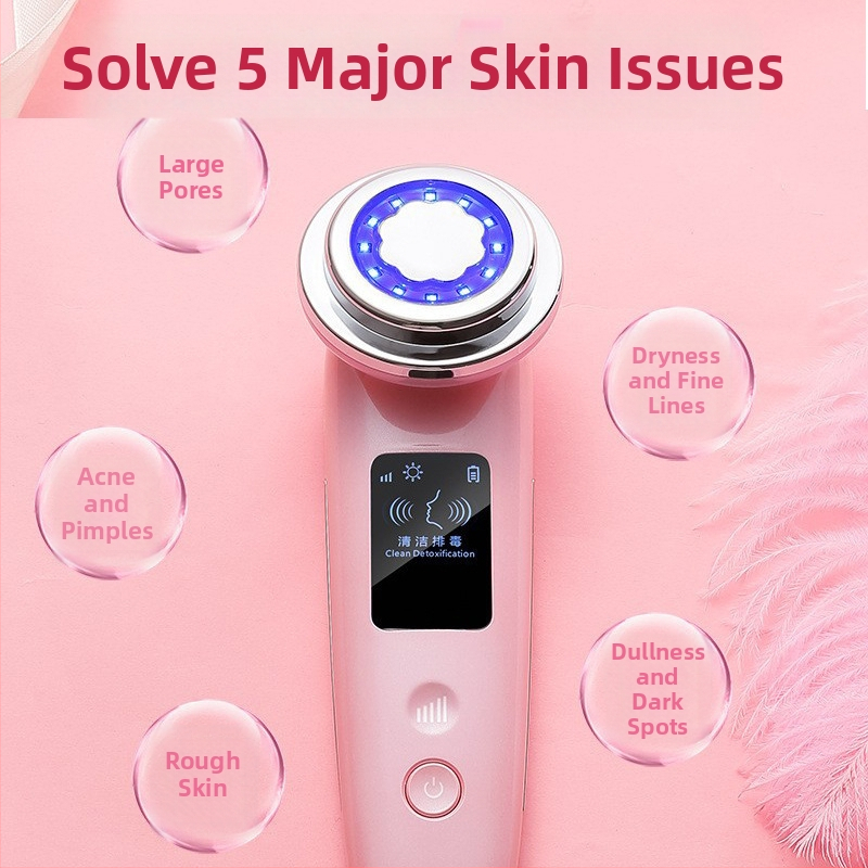 Dispozitiv de înfrumusețare cu rejuvenare prin fotoni, lifting cu microcurent, terapie cu lumină colorată și curățare a porilor; baterie încorporată 500–800 mAh