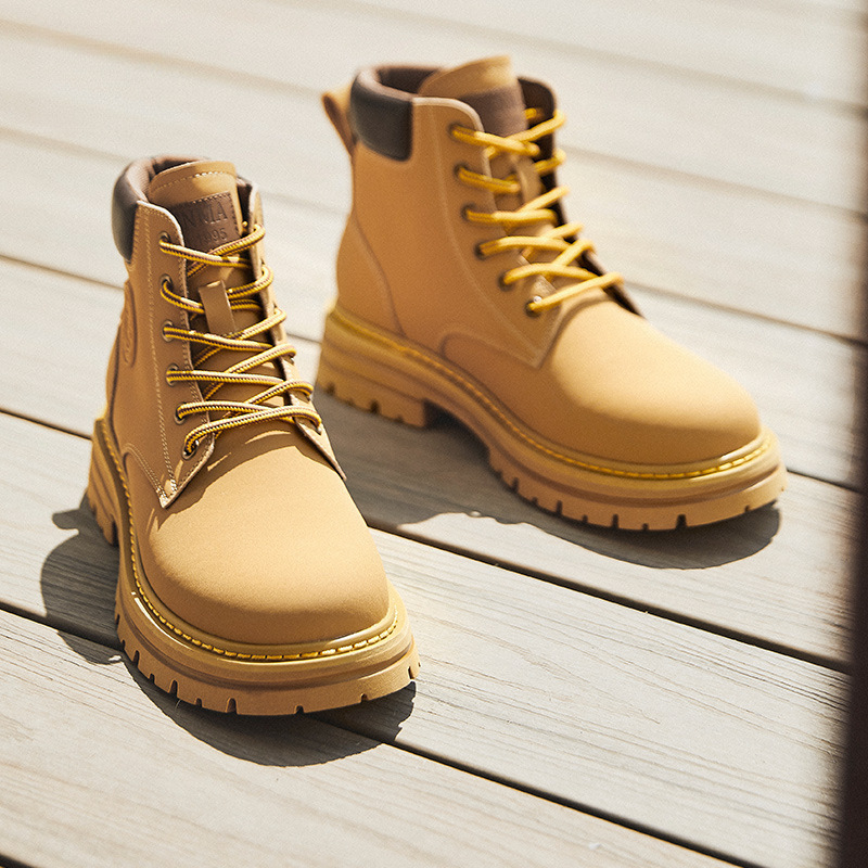 Vīriešu augstās Martin zābaki ziemai, fleece iekšējais oderējums, augšējā daļa no dažādiem materiāliem, gumijas zole, zems augšējais augums, šņores priekšā