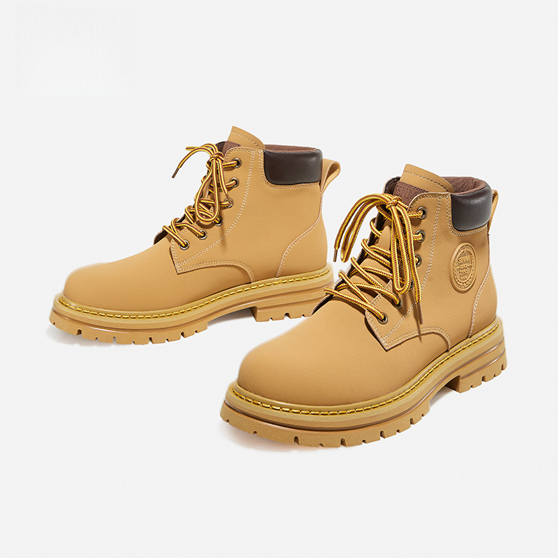 Vīriešu augstās Martin zābaki ziemai, fleece iekšējais oderējums, augšējā daļa no dažādiem materiāliem, gumijas zole, zems augšējais augums, šņores priekšā