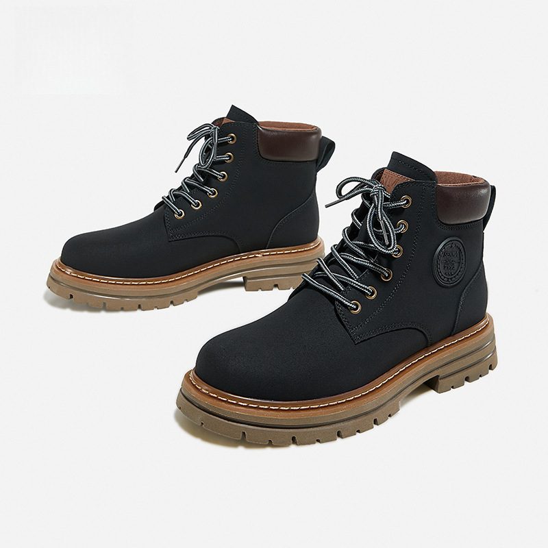 Vīriešu augstās Martin zābaki ziemai, fleece iekšējais oderējums, augšējā daļa no dažādiem materiāliem, gumijas zole, zems augšējais augums, šņores priekšā