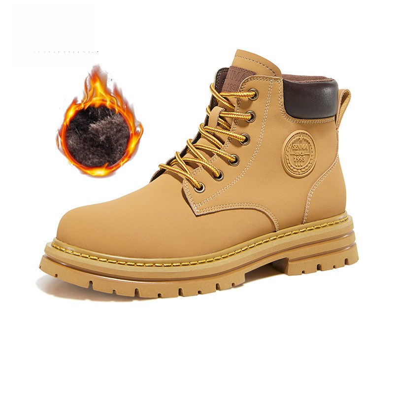 Vīriešu augstās Martin zābaki ziemai, fleece iekšējais oderējums, augšējā daļa no dažādiem materiāliem, gumijas zole, zems augšējais augums, šņores priekšā