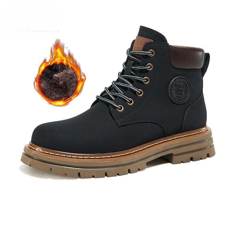 Vīriešu augstās Martin zābaki ziemai, fleece iekšējais oderējums, augšējā daļa no dažādiem materiāliem, gumijas zole, zems augšējais augums, šņores priekšā