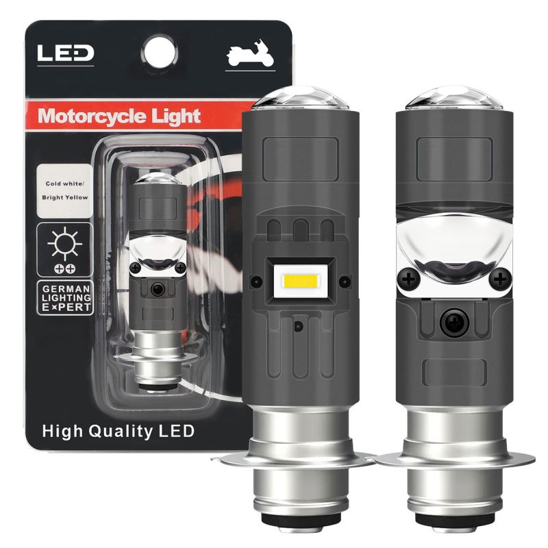 Мотоциклетен LED прожектор с линза P15D/H4, монтаж: единичен или троен захват (12V, алуминий, LEDs, AAAAA, 50000 ч)