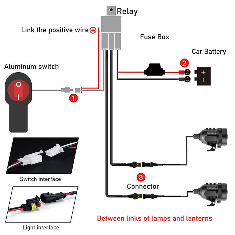 Motociklo LED jungiklio laidynė – 12V, 160W LED, IP67, 30 000 h, OEM lempos gaubtas, universalus modifikacijų laidinys su dviejų padėčių jungikliu