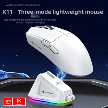 Attack Shark X11 bezdrôtová herná myš s PAW3311 senzorom, 22000 DPI, 7 tlačidiel, Bluetooth + 2.4G, ergonomická, RGB nabíjacia podložka