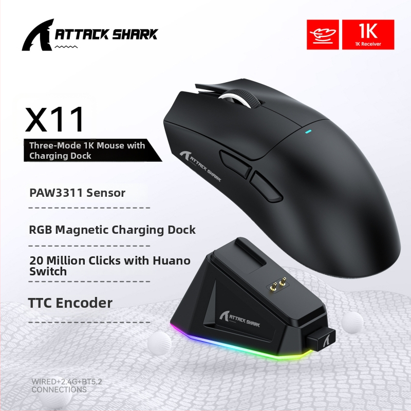 Attack Shark X11 bezdrôtová herná myš s PAW3311 senzorom, 22000 DPI, 7 tlačidiel, Bluetooth + 2.4G, ergonomická, RGB nabíjacia podložka
