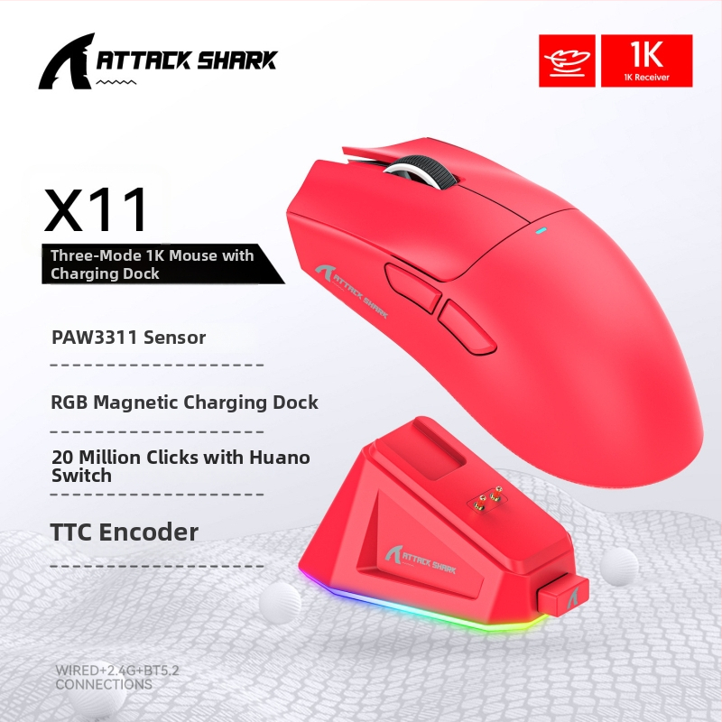Attack Shark X11 bezdrôtová herná myš s PAW3311 senzorom, 22000 DPI, 7 tlačidiel, Bluetooth + 2.4G, ergonomická, RGB nabíjacia podložka