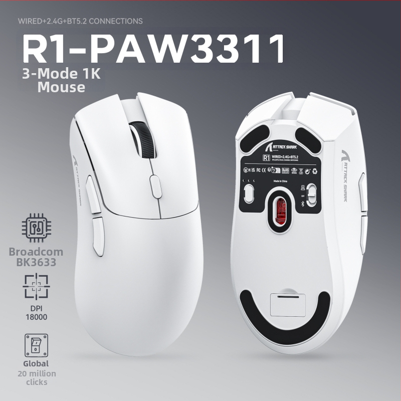 Attack Shark R1 herná myš s PAW3311 senzorom, 18000 DPI, 6 tlačidiel, tri režimy pripojenia: USB, Bluetooth a bezdrôtové pripojenie