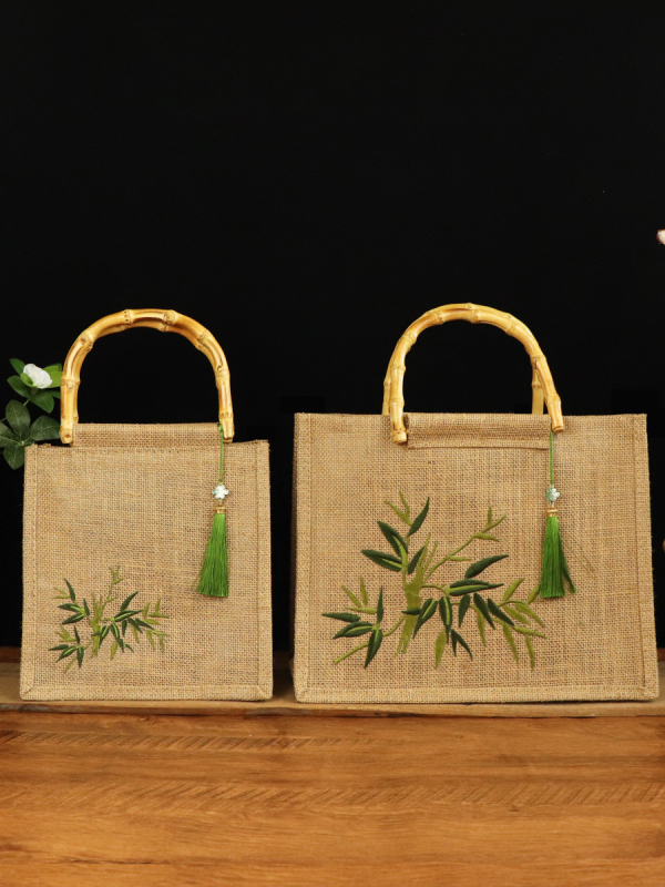 Torba tote u tradicionalnom stilu s vezom od pamuka i lana, bambus drška, konopna podstava, otvoreni vrh