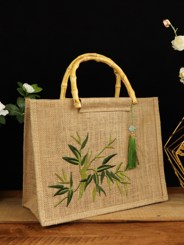 Torba tote u tradicionalnom stilu s vezom od pamuka i lana, bambus drška, konopna podstava, otvoreni vrh