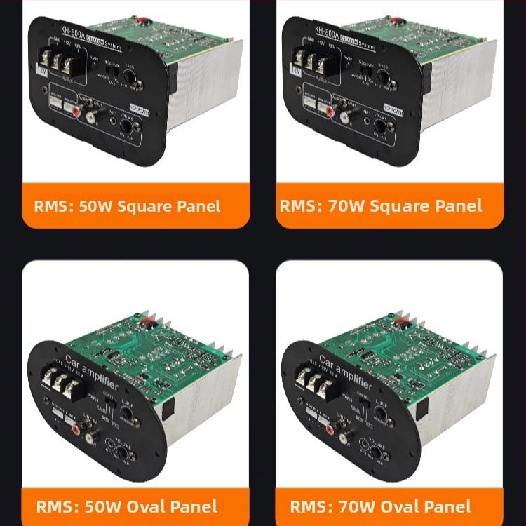 Automobilio subwoofer stiprintuvo plokštelė Class AB, RMS 60W/80W, 12V, aukšto lygio įėjimas, reguliuojamas crossover 40–200 Hz