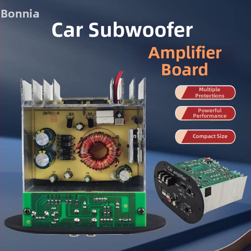 Automobilio subwoofer stiprintuvo plokštelė Class AB, RMS 60W/80W, 12V, aukšto lygio įėjimas, reguliuojamas crossover 40–200 Hz