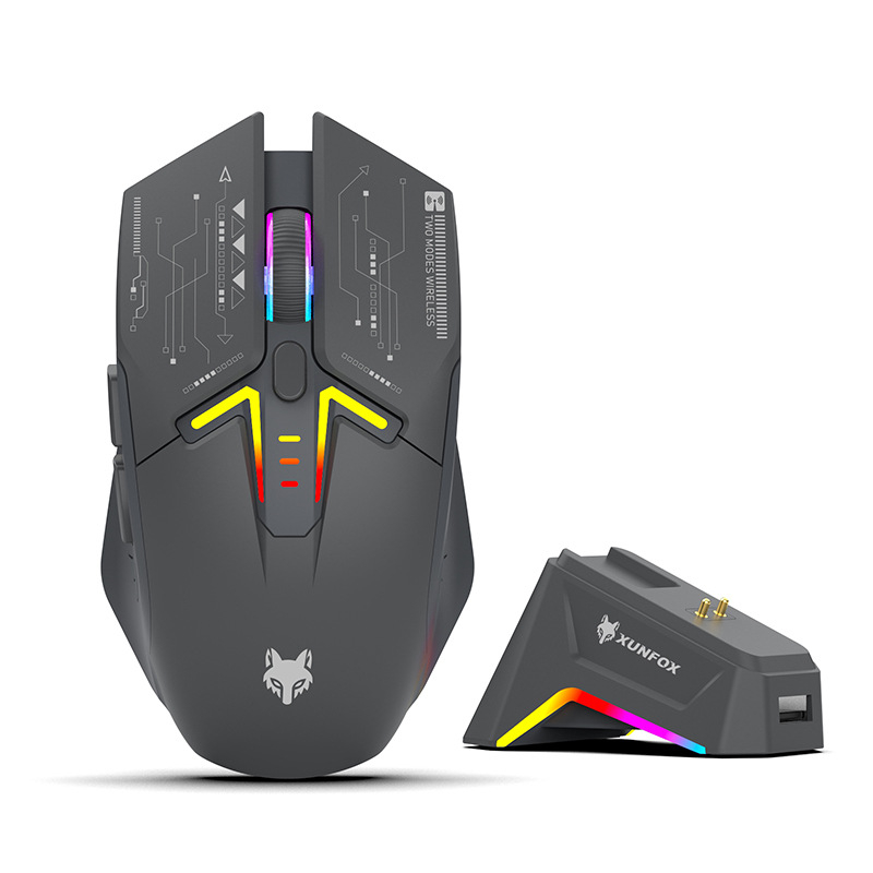 Ασύρματο ποντίκι Bluetooth διπλής λειτουργίας με RGB φωτισμό, 1600 DPI, 7 πλήκτρα, USB διεπαφή, 2.4G+Bluetooth, ενσωματωμένη επαναφορτιζόμενη μπαταρία και βάση φόρτισης