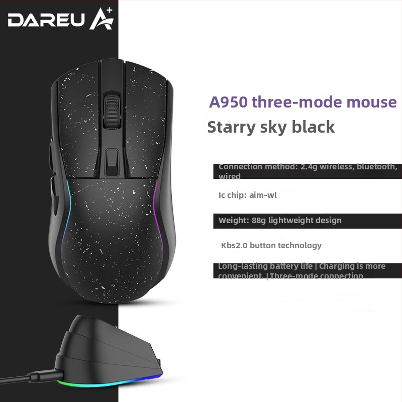 Daryo A950 bežični miš s tri načina i punjačkom dokom, 7 tipki, 1600 DPI, ergonomski