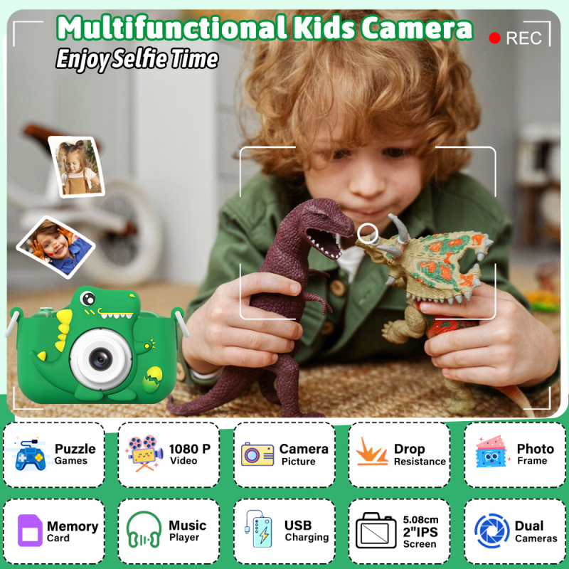 Dječji digitalni fotoaparat H22 s dvostrukom kamerom, 2,0-inčni IPS zaslon, 5–12 MP, memorijska kartica, trajanje baterije preko 5 sati