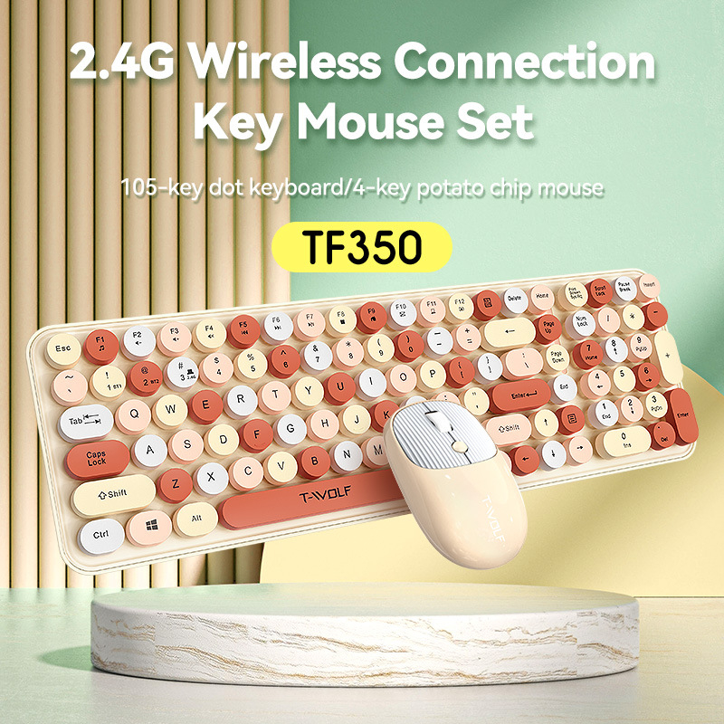 TWOLF TF350 vezeték nélküli billentyűzet és egér készlet, 2.4G, 104 billentyűs billentyűzet és 4-billentyűs egér, 1000 DPI optikai, plug-and-play, ergonómiai kialakítás