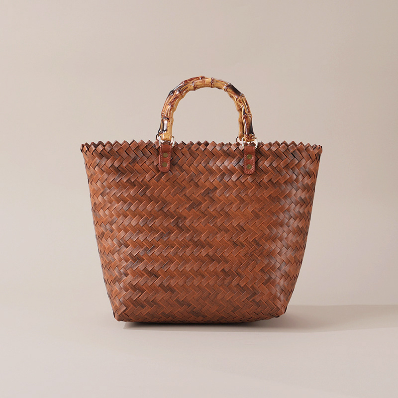 Geantă din paie împletită manual, stil de călătorie relaxat, formă verticală pătrată, buzunar interior cu fermoar, deschidere deschisă