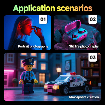 Lumină de umplere LED pentru telefon/DSLR — lumină RGB portabilă cu reglajul luminozității, temperatură de culoare 2500–9900K, model K-05, sub 10W, 5V 1A, pentru streaming live și înregistrări video