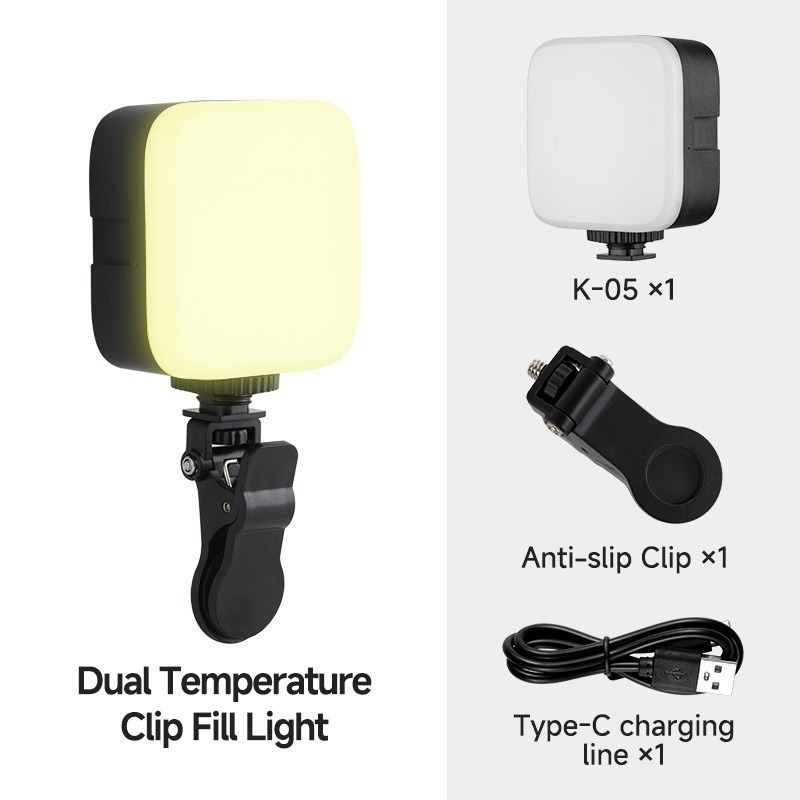 Lumină de umplere LED pentru telefon/DSLR — lumină RGB portabilă cu reglajul luminozității, temperatură de culoare 2500–9900K, model K-05, sub 10W, 5V 1A, pentru streaming live și înregistrări video