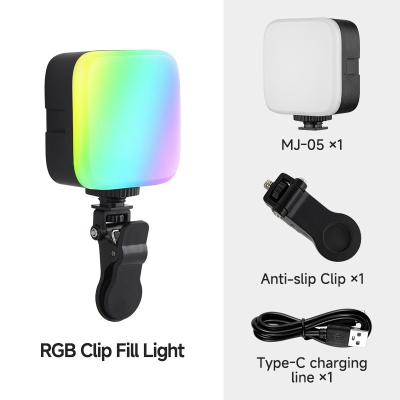 Lumină de umplere LED pentru telefon/DSLR — lumină RGB portabilă cu reglajul luminozității, temperatură de culoare 2500–9900K, model K-05, sub 10W, 5V 1A, pentru streaming live și înregistrări video