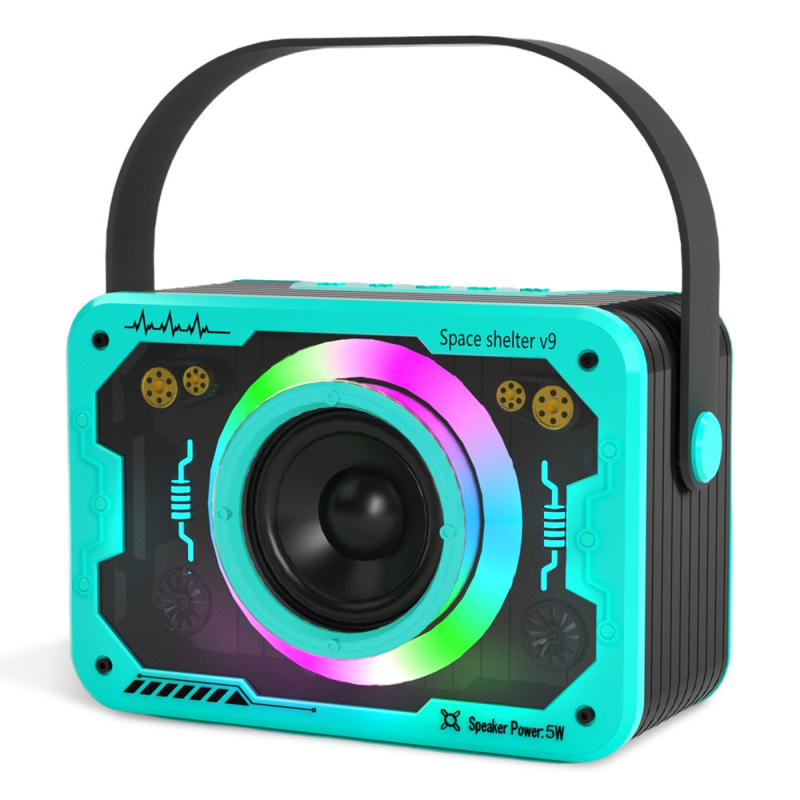 Difuzor Bluetooth V9 – Difuzor desktop portabil cu subwoofer și lumină ambientală, 5W, baterie încorporată 1000–1200mAh, Bluetooth 5.3, 100Hz–20kHz, SNR ≥70dB