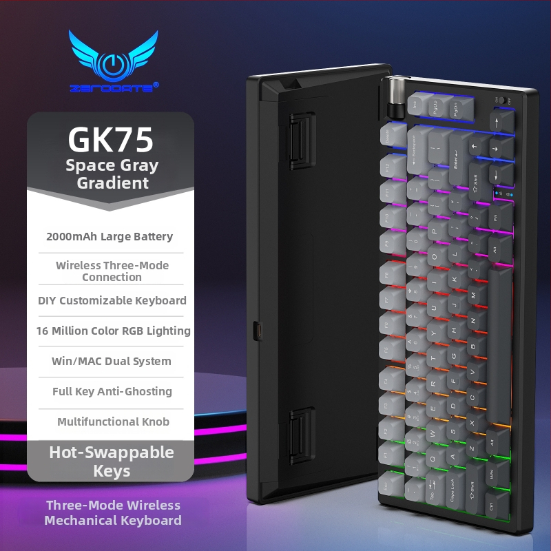 Mechanická klávesnica, 87 kláves, bezdrôtové pripojenie, červené spínače, RGB podsvietenie