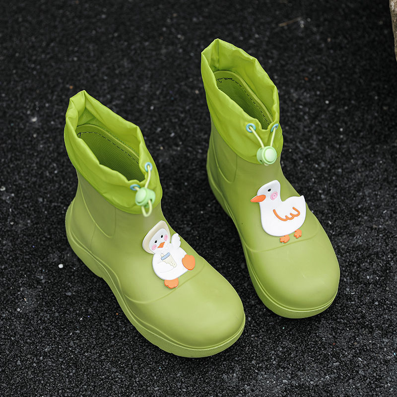 Ghete de ploaie EVA pentru femei, slip-on, înălțime scurtă, talpă plată, model Milk Tea Duck