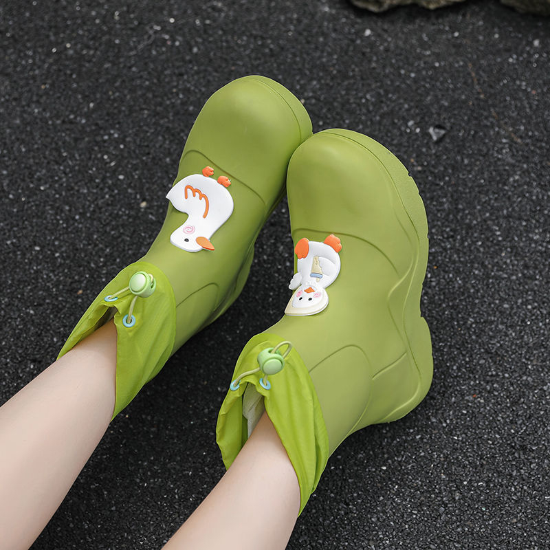 Ghete de ploaie EVA pentru femei, slip-on, înălțime scurtă, talpă plată, model Milk Tea Duck