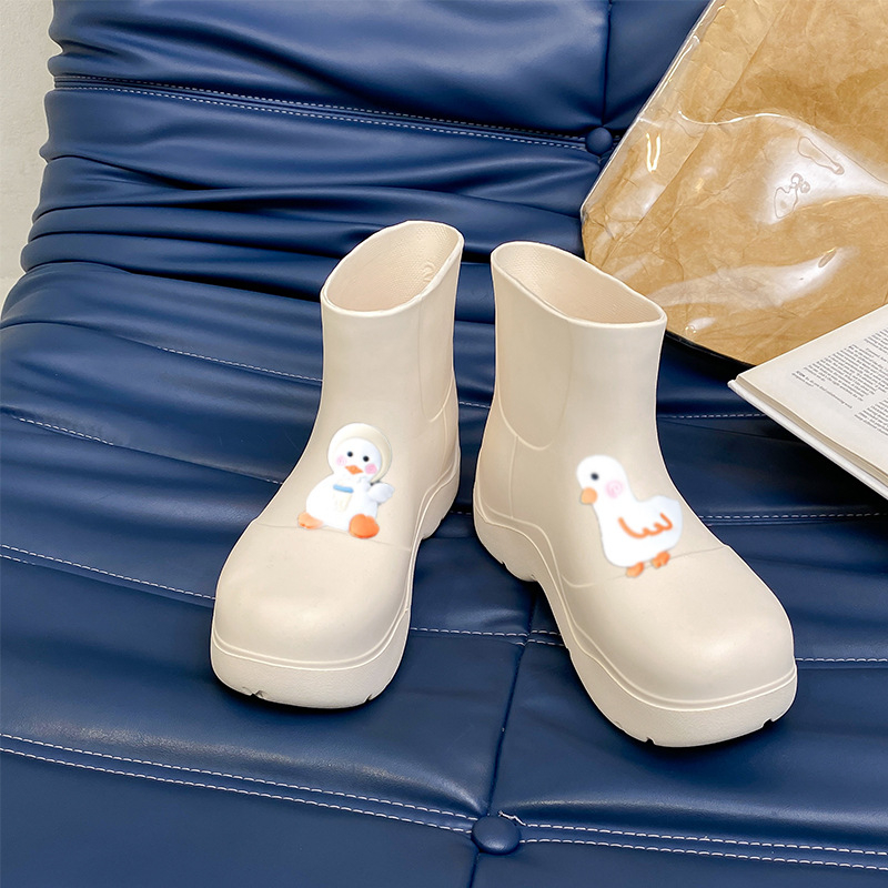 Ghete de ploaie EVA pentru femei, slip-on, înălțime scurtă, talpă plată, model Milk Tea Duck