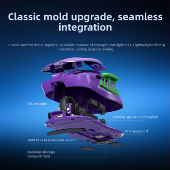 RGB spēļu pele ar PAW3311 sensoru, 5600dpi, Bluetooth/USB savienojums, darbības attālums 10m, svars 54g, 1,2m uzlādes kabelis iekļauts