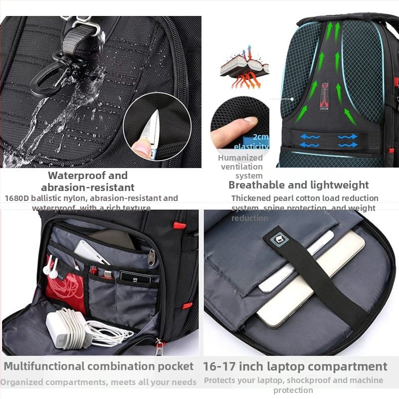 Swigor Swiss Army Knife hátizsák férfiaknak, nagy kapacitású, alkalmas utazáshoz és üzleti utakhoz, Oxford szövet, 36–55 L, helyet biztosít 15 hüvelykes laptop számára, kopásálló, görbült vállpántok