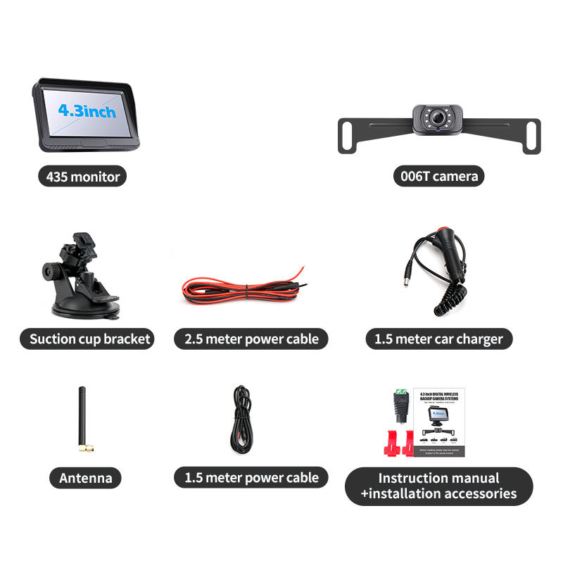 Belaidė automobilio galinio vaizdo kamera rinkinys su numerio ženklų kamera — raiška 1080P/720P/480P, 12V, 110° kampas, AV signalas