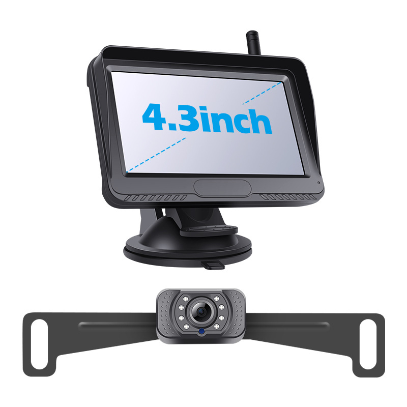 Belaidė automobilio galinio vaizdo kamera rinkinys su numerio ženklų kamera — raiška 1080P/720P/480P, 12V, 110° kampas, AV signalas